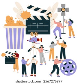 Shooting Film with People Character at Movie Production Scene Vector Illustration