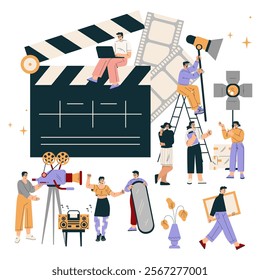 Shooting Film with People Character at Movie Production Scene Vector Illustration