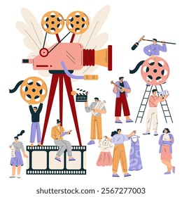 Shooting Film with People Character at Movie Production Scene Vector Illustration