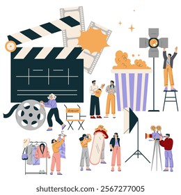 Shooting Film with People Character at Movie Production Scene Vector Illustration