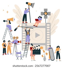 Shooting Film with People Character at Movie Production Scene Vector Illustration