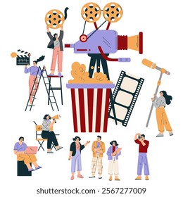 Shooting Film with People Character at Movie Production Scene Vector Illustration