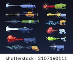 Shooting futuristic weapon collection vector flat illustration. Deadly killing military spraying scientific poison blasters. Childish war gaming toy future aliens guns handguns entertainment playing