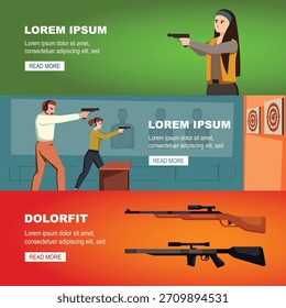 Galeriefahnen. Üben Schießen Fähigkeiten im Innenbereich, Charaktere im Ohrschutz, Ziel ein Gewehr. Vektorkarikatur-Banner.