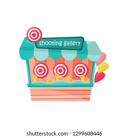 Shooting Gallery With Ducks And Targets At Amusement Park. Small Stall With Air Balloons. Fun Game. Flat Vector Icon