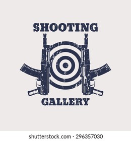 Shooting Gallery Grunge emblem with automatic rifle, gun, vector illustration, eps10, easy to edit