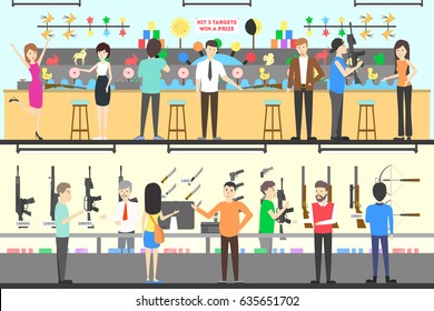 Shooting gallery interior set. Entertainment and gun store.