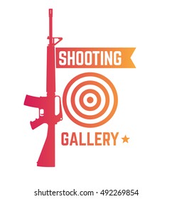 Shooting Gallery logo, sign with automatic rifle and target on white