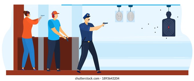Shooting gallery for policeman vector illustration. Shooting practice in police, shootinggallery. Aiming targets. Snipers training. Man in uniform and targets for guns firing.