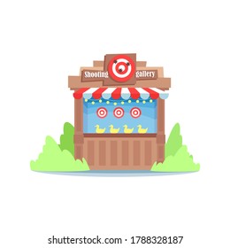 Shooting Gallery Semi Flat RGB Color Vector Illustration. Funfair Entertainment Stand Isolated Cartoon Object On White Background. Amusement, Park, Carnival Attraction. Duck Shooting Game