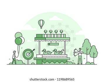 Shooting gallery - thin line design style vector illustration on white background. High quality green colored image with people hitting the target, walking in the amusement park. Entertainment concept