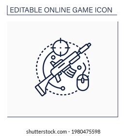 Icono de la línea de juego de disparo. Entretenimiento informático con pistolas. Disparo de armas en los objetivos. Concepto de juego en línea. Ilustración vectorial aislada.Icono editable