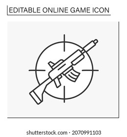  Icono de la línea de juego de disparo. Entretenimiento informático con pistolas. Disparo de armas en los objetivos. Concepto de juego en línea. Ilustración vectorial aislada.Icono editable