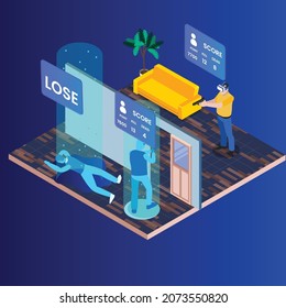 Shooting game virtual reality in metaverse 3d isometric vector illustration concept for banner, website, landing page, ads, flyer template