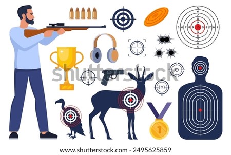 Shooting and hunting equipment elements. Shooting Skeet. Shooting club and range weapons and accessories. Shooter, rifle, bullet, headphones, gold cup, medal. Human, animal shoot target. Vector