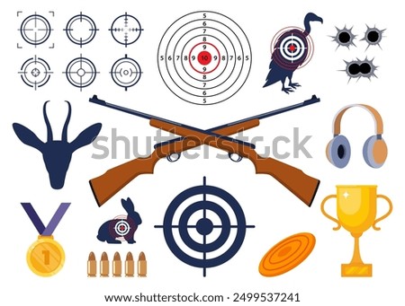 Shooting and hunting equipment elements. Shooting Skeet. Shooting club and range weapons and accessories. Shooter, rifle, bullet, headphones, gold cup, medal. Human, animal shoot target. Vector