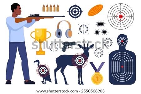Shooting and hunting equipment elements. Shooting Skeet. Shooting club and range weapons and accessories. Shooter, rifle, bullet, headphones, gold cup, medal. Human, animal shoot target. Vector