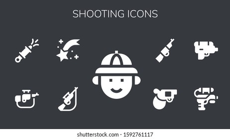 shooting icon set. 9 filled shooting icons. Included Hunter, Hunting, Shooting star, Rifle, Water gun, Pistol icons