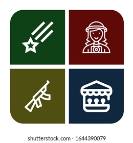 shooting icon set. Collection of Shooting star, Photographer, Assault rifle, Shooting gallery icons