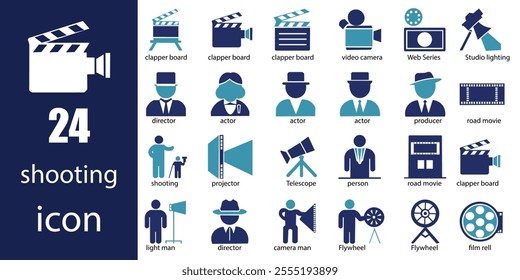 Shooting  icon set . Featuring detailed illustrations of  Film shooting, film player, 1 to 10, projector, camera, old film, video, slideshow. Movie concept. Cohesive set of scalable vector icon