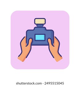 Shooting line icon. Hands holding photo camera. Photography concept. Can be used for topics like picturing, capturing, studio