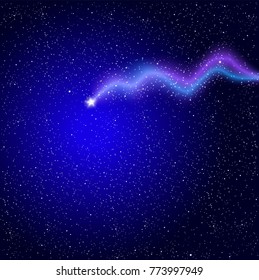 Shooting magical star on starry night sky. Bright shiny design for Christmas celebrate. Vector illustration