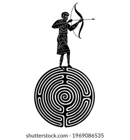 Shooting medieval archer man with bow and arrow standing on top of round spiral maze or labyrinth symbol. Black and white silhouette. Creative concept.