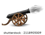 Shooting medieval cannon on wheels. Antique artillery with cast iron barrel smoke and wooden rims with vector gun carriage ready to fire.