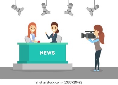 Shooting news show in the studio. Newscaster in business suit. Cameraman and videographer standing with camera. Interview on TV. Isolated flat vector illustration