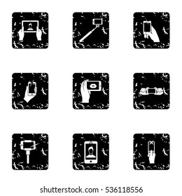 Shooting on cell phone icons set. Grunge illustration of 9 shooting on cell phone vector icons for web