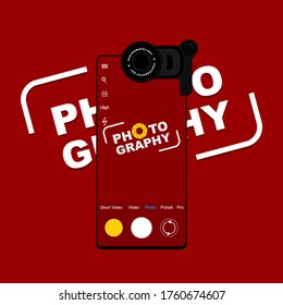 Shooting "Photography" text with Phone camera that using extra lens. Perfect template for Phone Photography design or other Phone design.