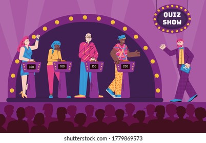 Shooting a quiz TV show with host of the program and guests cartoon characters vector illustration. Entertaining and educational answers and questions quiz game.
