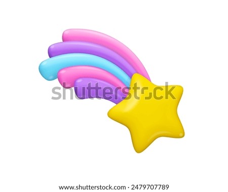 Shooting rainbow star vector 3d icon. Cute unicorn style magic illustration isolated. Falling yellow fantasy sparkle emoji, children design element