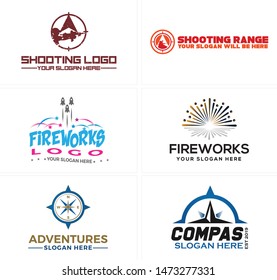 Shooting range adventure fireworks logo with compass rocket star and man holding a gun suitable for games recreational event company party
