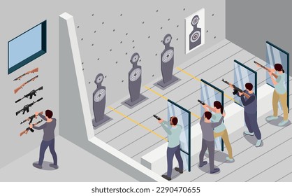 Fondo del intervalo de disparo con símbolos de objetivo y hobby ilustración vectorial isométrica