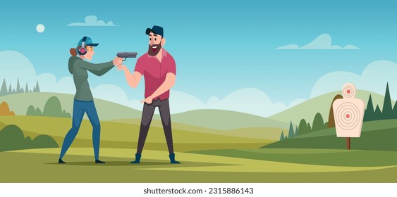 Shooting range. Cartoon background persons with guns in shooting gallery exact vector illustration template