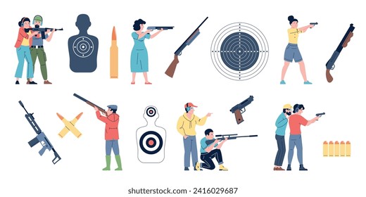 Shooting range elements, people with weapons, targets and pistols. Shoot training with instructor. Self defence and professionals, recent vector set