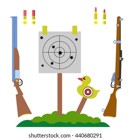 shooting range, hunting equipment set with gun, rifle, duck target and tree landscape vector illustration, in flat style, for sports design