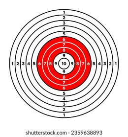 Shooting range paper target with divisions, marks and numbers. Archery, gun shooting practise and training, sport competition and hunting. Bullseye and aim. Vector illustration
