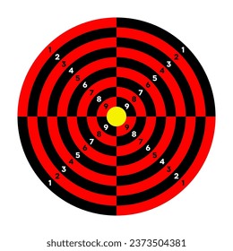 Shooting range paper target with divisions, marks and numbers. Archery, gun shooting practise and training, sport competition and hunting. Bullseye and aim. Vector illustration