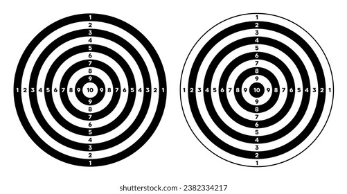Shooting range paper target with divisions, marks and numbers. Archery, gun shooting practise and training, sport competition and hunting. Bullseye and aim. Vector illustration