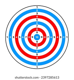 Shooting range paper target with divisions, marks and numbers. Archery, gun shooting practise and training, sport competition and hunting. Bullseye and aim. Vector illustration
