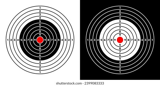 Shooting range paper target with divisions, marks and numbers. Archery, gun shooting practise and training, sport competition and hunting. Bullseye and aim. Vector illustration