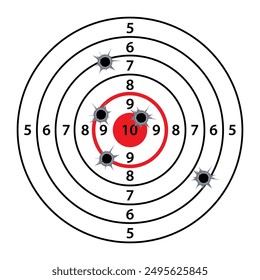 Schießstand Papierziel mit Divisionen, Markierungen und Zahlen. Sportwettbewerb und Jagd. Bullseye und Ziel. Vektorgrafik