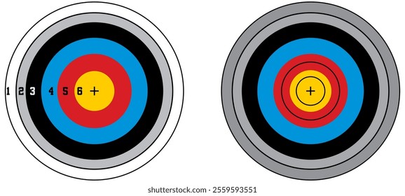 Shooting range paper target with divisions, marks and numbers. Archery, gun shooting practice and training, sport competition and hunting. Bullseye and aim. Vector illustration