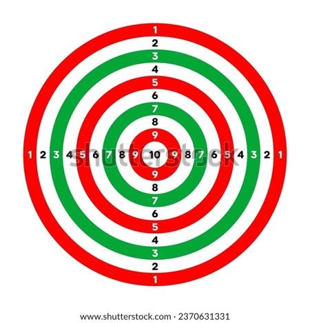 Shooting range paper target with divisions, marks and numbers. Archery, gun shooting practise and training, sport competition and hunting. Bullseye and aim. Vector illustration