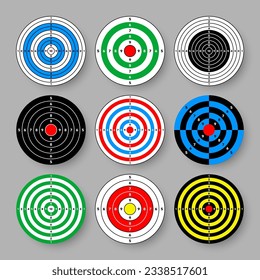 Disparo de objetivos de papel. Redondear destino con divisiones, marcas y números. Arco, tiro con arma de fuego y entrenamiento, competición deportiva y caza. Bullseye y apuntar. Ilustración del vector