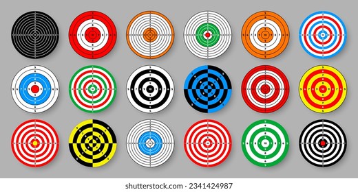 Shooting range paper targets. Round target with divisions, marks and numbers. Archery, gun shooting practise and training, sport competition and hunting. Bullseye and aim. Vector illustration