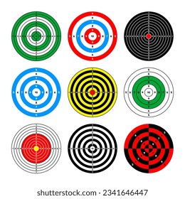 Shooting range paper targets. Round target with divisions, marks and numbers. Archery, gun shooting practise and training, sport competition and hunting. Bullseye and aim. Vector illustration