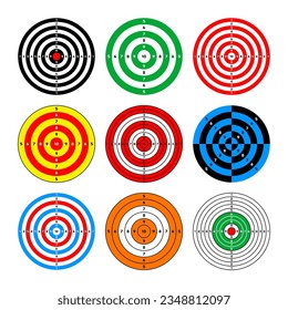 Shooting range paper targets. Round target with divisions, marks and numbers. Archery, gun shooting practise and training, sport competition and hunting. Bullseye and aim. Vector illustration